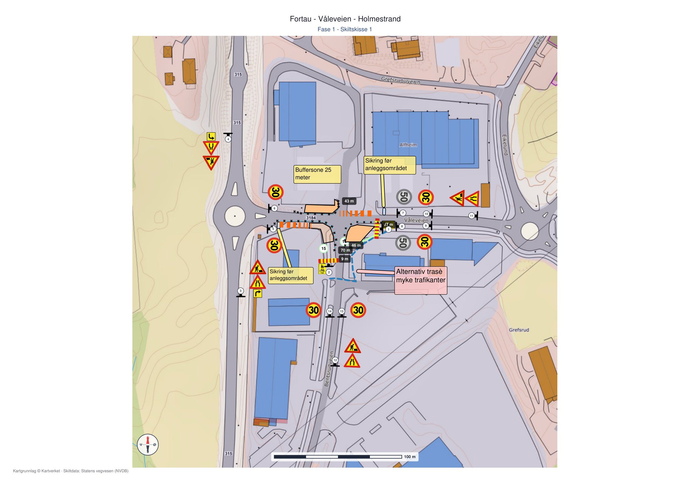 Skiltskisse for fortausarbeid i Våleveien, Holmestrand: kart med fartsgrenseskilt, fareskilt, sperringer og alternativ trasé for myke trafikanter